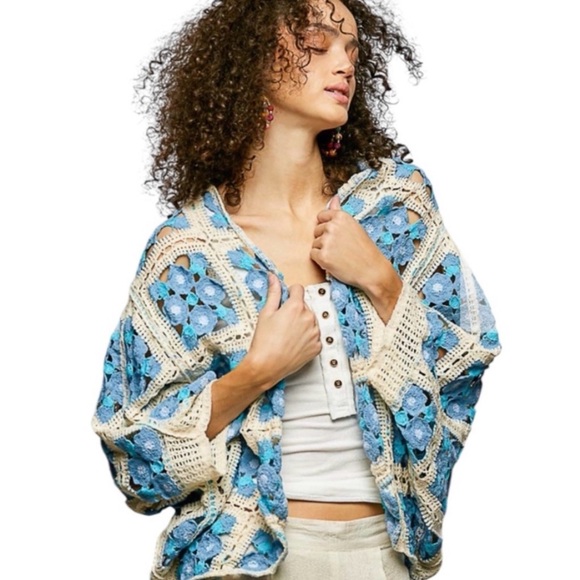 POL Sweaters - #1254 POL Blue and Cream Floral Crochet Sweater